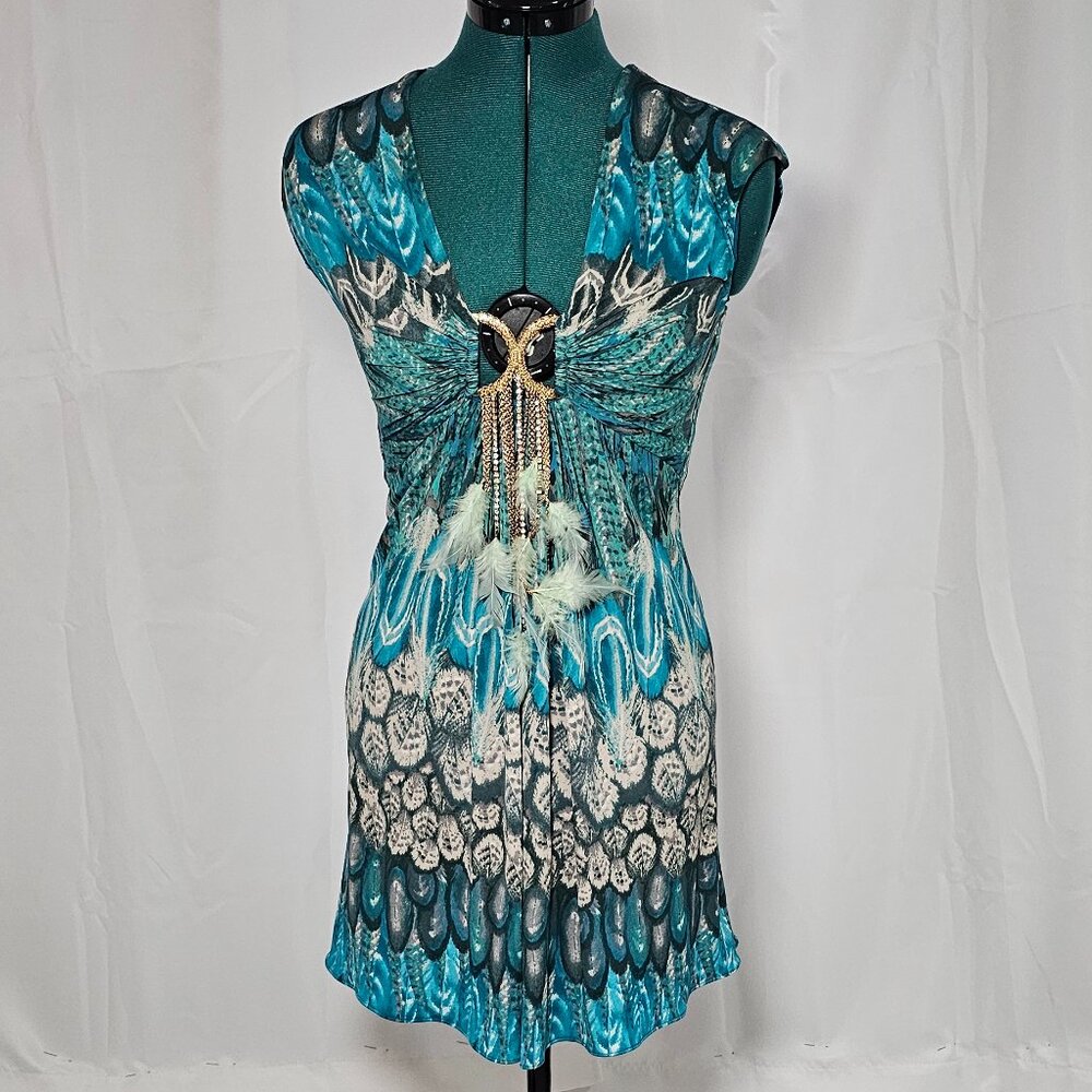 Sky Peacock Feather Print Bodycon Dress – Size M